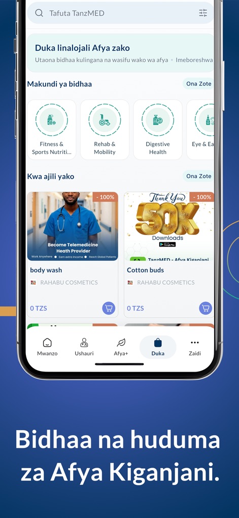 TanzMED - Afya Kiganjani - 本アプリのストア機能では、ユーザーは「Fitness & Sports Nutrition」のような多様なカテゴリーから健康関連商品を探し、具体的な製品（「body wash」や「Cotton buds」）を購入することができます。