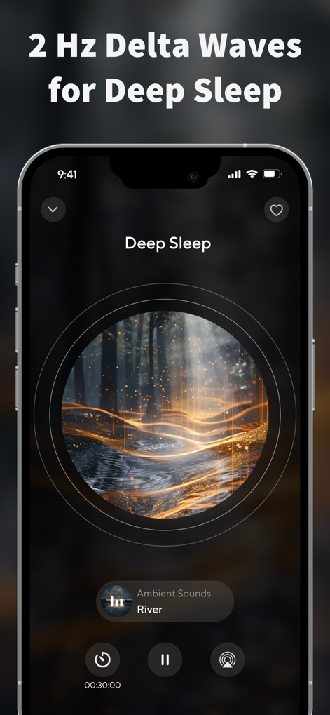 ColorSleep: Green, Brown Noise - La aplicación ofrece un modo de sueño profundo con "2 Hz Delta Waves", complementado por "Ambient Sounds River" y un temporizador configurado en "00:30:00" para sesiones cortas.