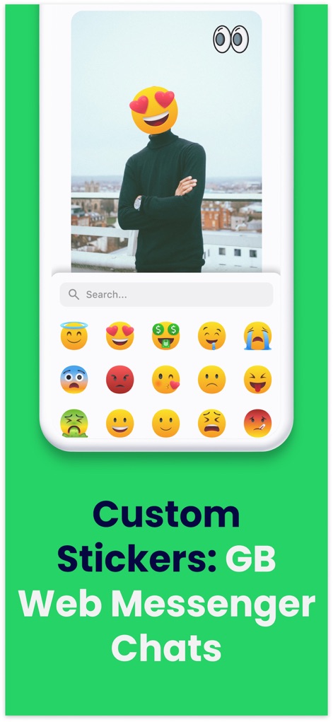 Gb Dual Messenger・Duo Web Chat - ユーザーは、豊富な種類の絵文字が並ぶキーボードインターフェースと、「Custom Stickers: GB Web Messenger Chats」のタイトルを通じて、チャットをより楽しくパーソナルにするスタンプ機能を利用できます。