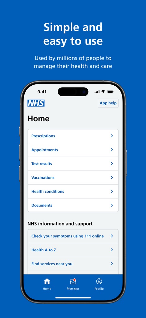 NHS App - Users navigate a clear "Home" screen, offering streamlined access to services like "Prescriptions" and comprehensive "NHS information and support" resources.