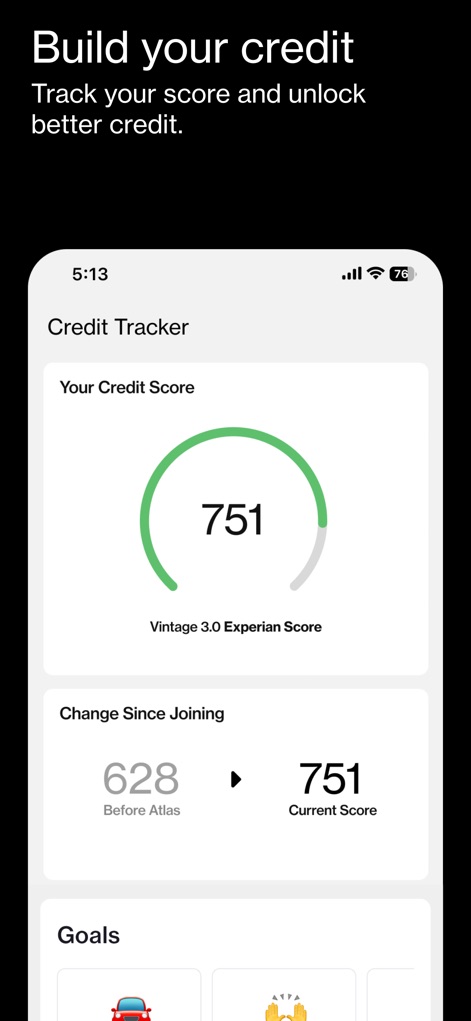 Atlas - Rewards Credit Card - This tool vividly tracks credit score progress with a circular credit tracker and a clear 'Change Since Joining' comparison.