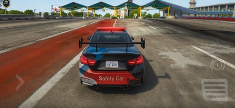 Extreme Car Driving Simulator - Discover unique vehicles like the custom "Safety Car" livery, showcasing the app's detailed racing car collection and track designs.