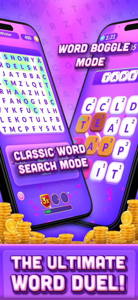 Real Money Word Search Skillz - The app provides diverse gameplay options, featuring both the familiar Classic Word Search Mode and the dynamic Word Boggle Mode interfaces.