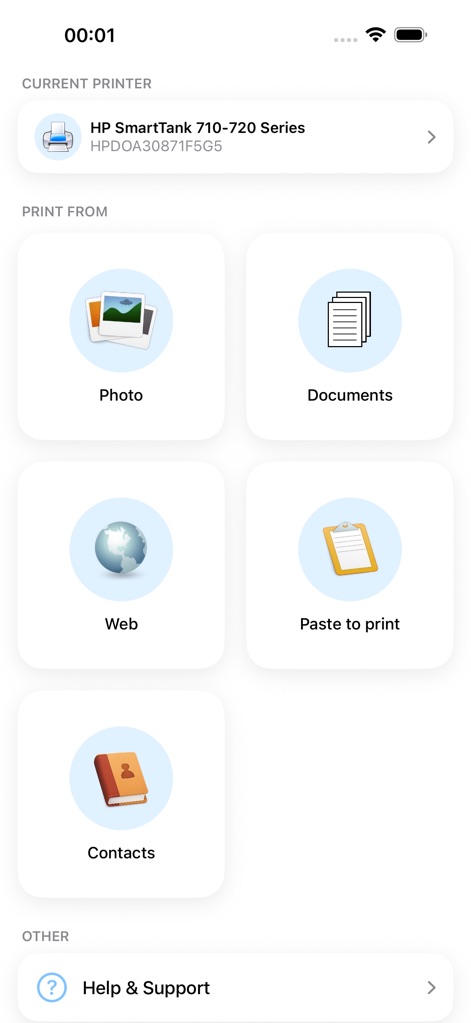PrinterShare - Die Startseite der App ermöglicht es Nutzern, direkt aus verschiedenen Kategorien wie Fotos und Dokumenten zu wählen und zeigt den aktuell konfigurierten Drucker an.
