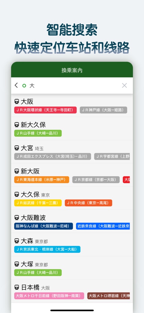 换乘案内 (中文版)日本交通查询工具 - This app features an intelligent search bar offering predictive suggestions for station names and clearly displays associated JR lines for quick identification.