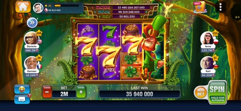 Huuuge Casino Slots Games 777 - Enjoy the whimsical Leprechaun-themed slot game, featuring charming shamrock and pot of gold symbols alongside a cheerful leprechaun character.