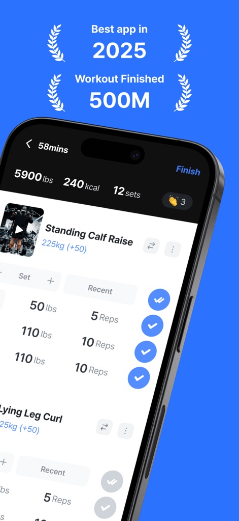 Gymwork: Workout Tracker Log - Users can effortlessly track exercises like "Standing Calf Raise" and "Lying Leg Curl," with the app providing a comprehensive summary of total "5900 lbs" lifted and "240 kcal" burned for the session.