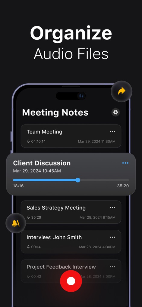 Voice Recorder: AI Note Taker - Manage recordings efficiently with the app's streamlined organization system, featuring customizable folders and an integrated recording interface for easy access.