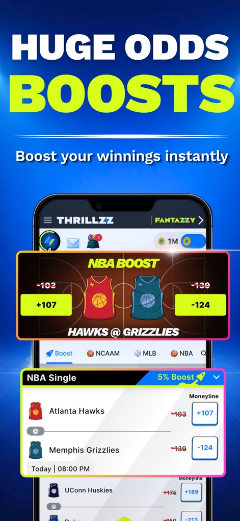Thrillzz Fun Social Sportsbook - Spieler können ihre potenziellen Gewinne mit dem "NBA Boost" maximieren, wobei die Screenshot-Ansicht deutlich die erhöhten Quoten für ein Spiel zwischen den Hawks und Grizzlies hervorhebt.