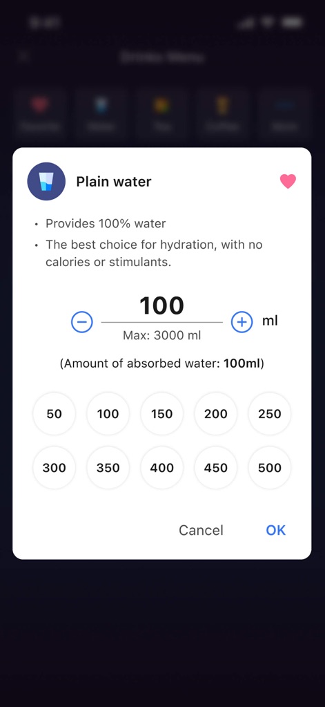Drink water: Drinking reminder - This feature allows for accurate recording of drink amounts using a numerical input field and quick selection buttons for common volumes.
