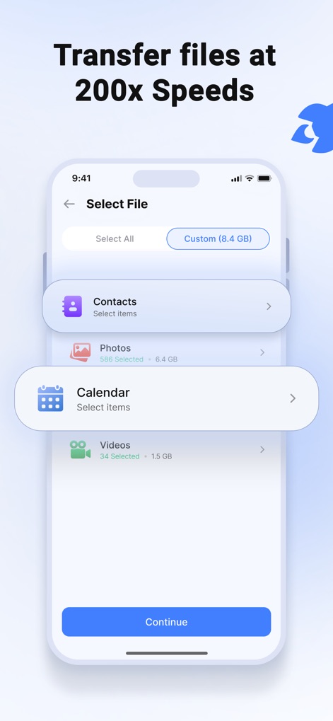 Smart Switch my Phone - ユーザーは連絡先、写真、カレンダー、動画などのデータカテゴリから、転送したい項目を個別に選択できます。各カテゴリのデータ量（例：写真6.4 GB）も確認可能です。