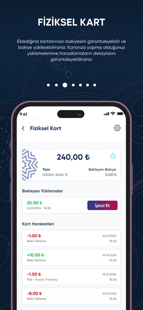 İzmirim Kart - Dijital Kart - Users can track their physical card's financial details, including pending top-ups and a complete record of card movements.