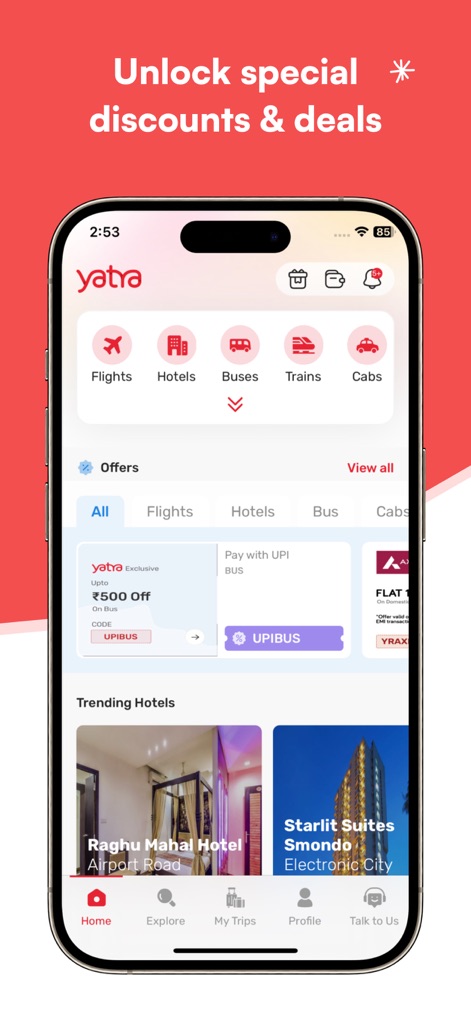 Yatra - Flights, Hotels & Cabs - The app's homepage centralizes travel planning, showcasing a dynamic 'Offers' section for immediate savings and a 'Trending Hotels' display for inspiration.