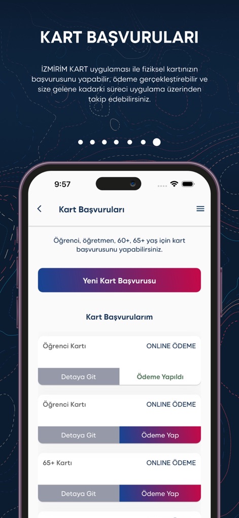 İzmirim Kart - Dijital Kart - This section streamlines the application process for new cards, featuring a prominent "Yeni Kart Başvurusu" button and a clear overview of existing "Kart Başvurularım" (My Card Applications).
