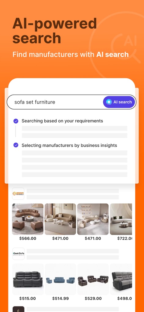 Alibaba.com - The app's "AI-powered Search" helps users efficiently find manufacturers, featuring criteria like "Searching based on your requirements" and "Selecting manufacturers by business insights".