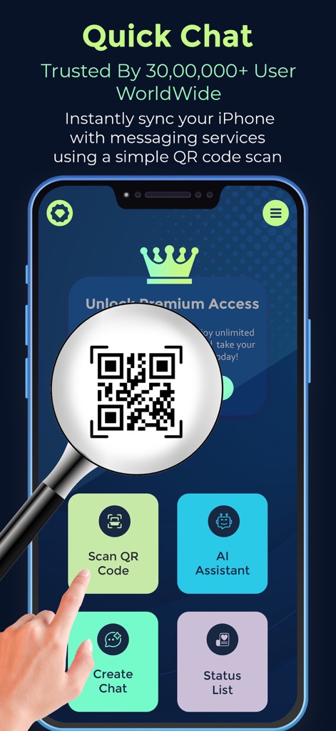 Whats Web Scanner: Quick Chat - Esta captura destaca el proceso de sincronización rápida mediante el escaneo de un código QR, mostrando claramente el código ampliado y los botones de acceso directo a funcionalidades clave como el 'AI Assistant'.