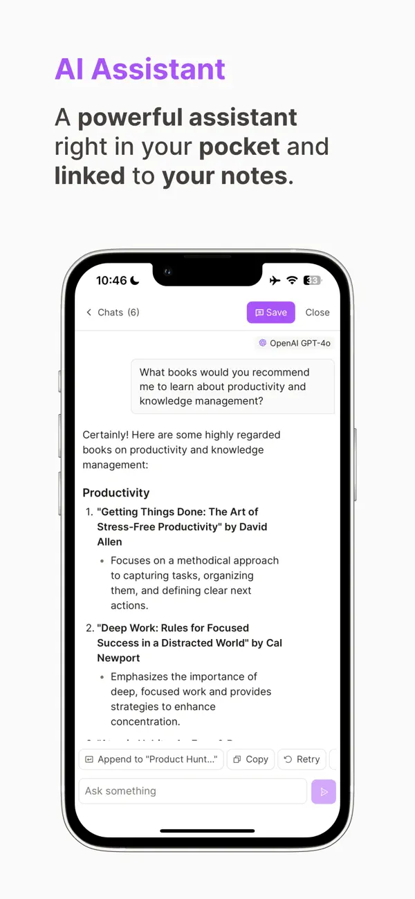 Capacities AI assistant on iPhone summarizing a daily note
