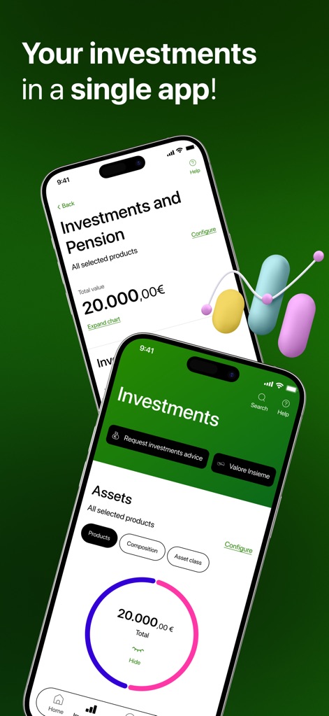 Intesa Sanpaolo Mobile - The app provides a dedicated section for investments and pensions, featuring a total value summary and an interactive donut chart for asset composition.