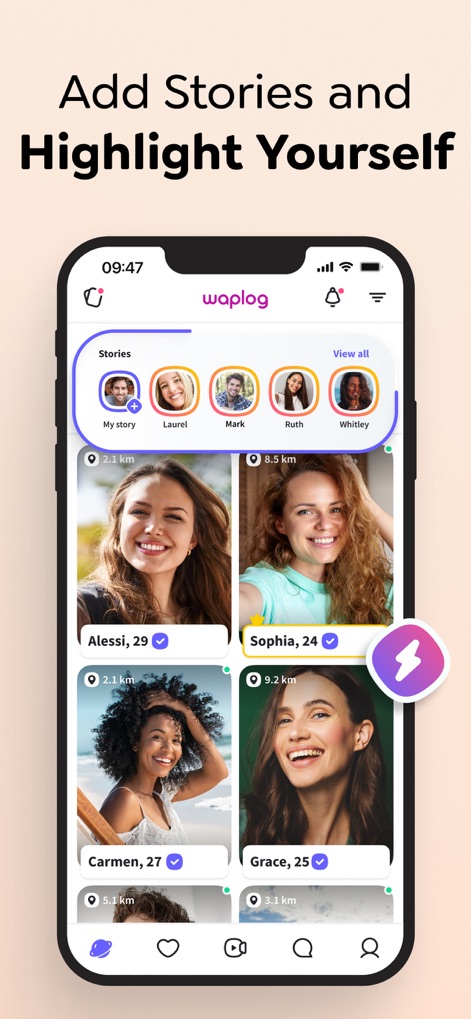 Waplog - Dating & Video Call - Users can elevate their visibility by adding engaging 'Stories' at the top of the feed and utilizing special features like the 'boost' icon to stand out.