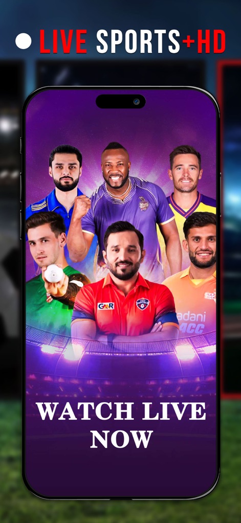 Live Sports Plus HD - Discover the app's signature 'LIVE SPORTS+HD' branding and the extensive league coverage suggested by the vibrant collage of diverse athletes featured.