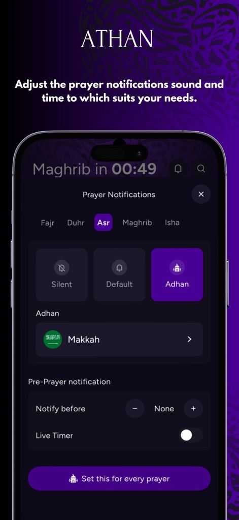 MAWAQIT - Prayer times, mosque - Los usuarios pueden personalizar las notificaciones de oración y el sonido del Adhan, eligiendo entre opciones como "Silent", "Default" o "Adhan" y seleccionando la voz del muecín.