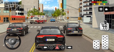 Real Car Driving School Games - La aplicación presenta escenarios de tráfico dinámico en un cruce con múltiples vehículos, asistidos por una miniatura de mapa intuitiva para una navegación eficiente por la ciudad.