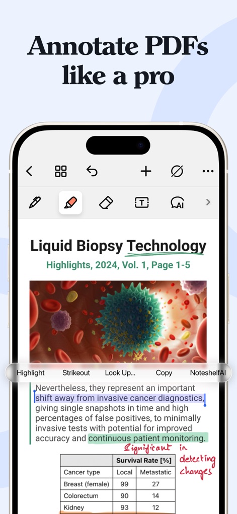 Noteshelf 3: AI Digital Notes - ユーザーはPDFへの高精度なハイライト機能を使用し、テキスト選択時のNoteshelf AI連携を通じて、ドキュメントの理解と分析を深めることができます。