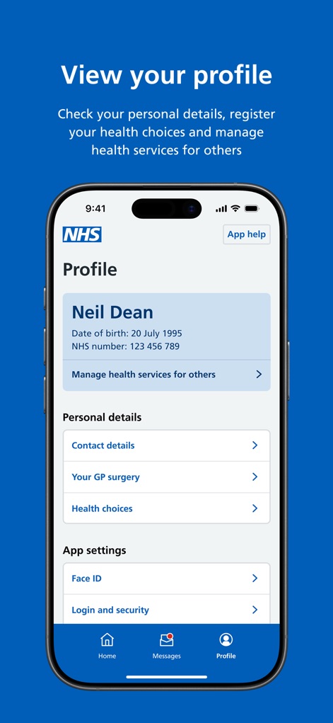 NHS App - The "Profile" section allows users to manage "Personal details" and configure "App settings" for enhanced security, including Face ID.