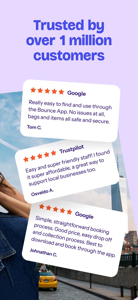 Bounce: Luggage Storage Nearby - 이 앱은 구글 및 트러스트파일럿에서 5점 만점의 '고객 리뷰'를 시각적으로 제시하여, '100만 명 이상의 고객에게 신뢰받고 있음'을 보여줍니다.