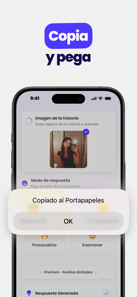 Liggo: Responder con IA - この画面では、「Copia y pega」機能を通じて、ユーザーがInstagramストーリーの画像をアップロードした後、生成された返信が「Copiado al Portapapeles」と表示され、簡単にコピーできるプロセスが示されています。
