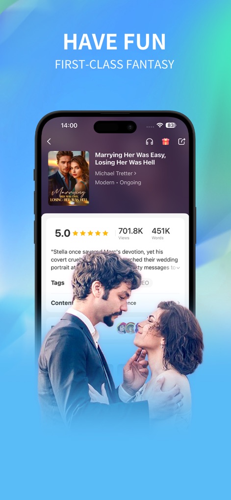 Litrad: Booktok, Reading Books - The app presents detailed book information, showcasing a prominent 5-star rating and the descriptive title 'Marrying Her Was Easy, Losing Was Hell' for potential reads.
