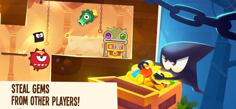 King of Thieves - Witness the core gameplay loop as a nimble thief navigates obstacles like the spiky red enemy and green plant trap to snatch shimmering gems.