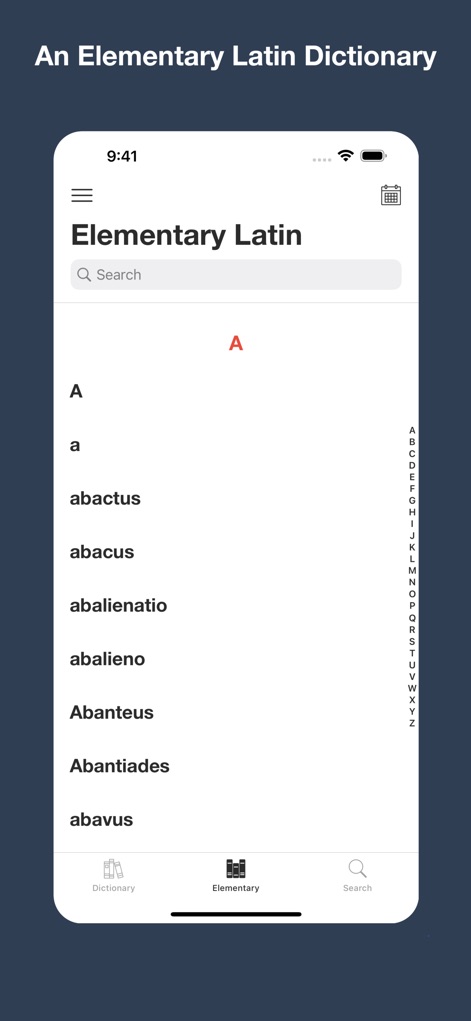 Latin Dictionary Lewis & Short - A interface intuitiva exibe a seção do Dicionário Elementar, permitindo aos estudantes navegar por verbetes alfabeticamente e usar a função de busca integrada 'Search'.