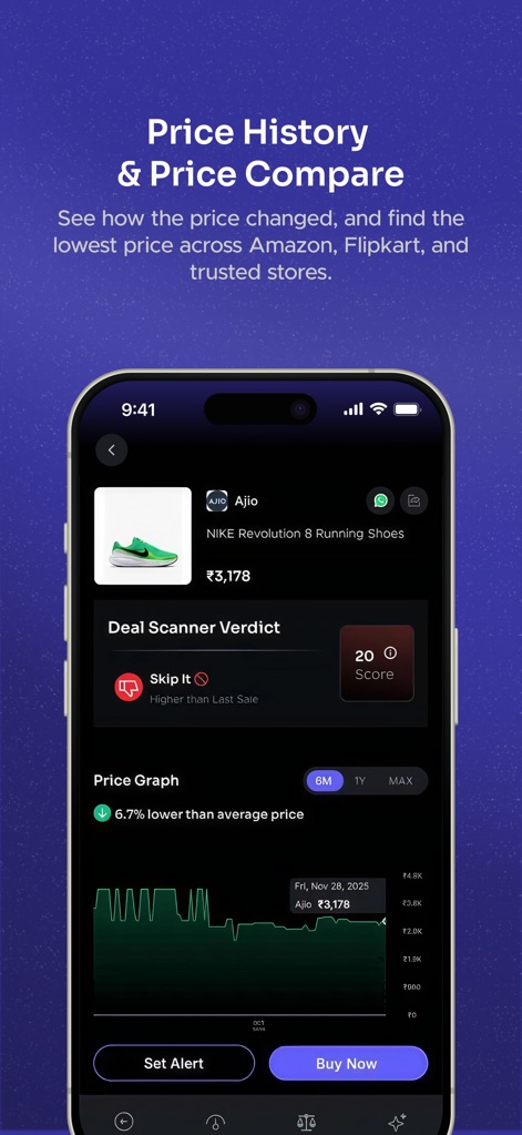 Buyhatke:AI Shopping assistant - Witness the detailed Price Graph showing historical changes and the insightful Deal Scanner Verdict for informed purchasing decisions.
