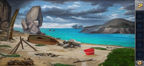Prison Escape Puzzle Adventure - Os jogadores são transportados para paisagens deslumbrantes e isoladas, como uma praia tropical com grandes rochas e um pequeno barco virado na areia.