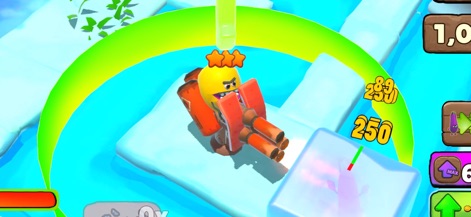 Fruits vs Vegetables - 本ショットでは、星のアイコンで強化された強力なフルーツタワーと、アップグレードの進行状況を示す数値が視覚的に提示されており、プレイヤーはユニットの成長を実感できます。