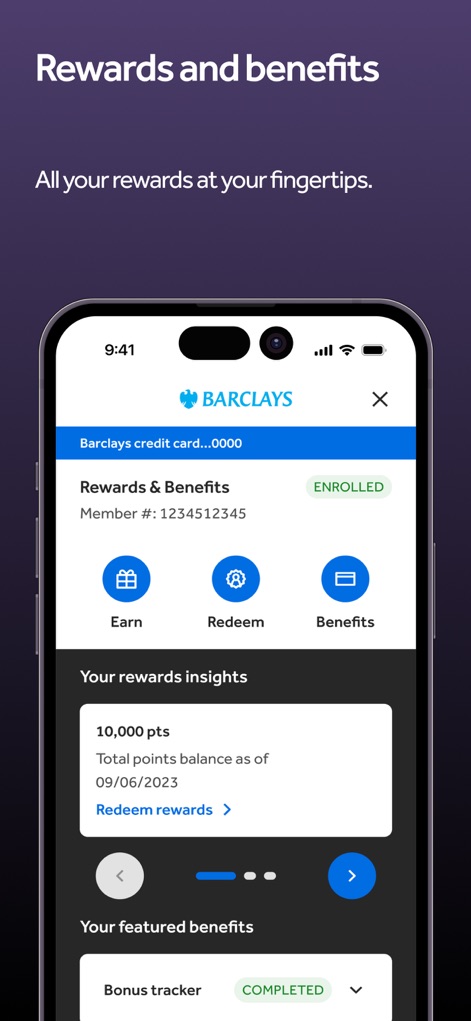 Barclays US - This visual demonstrates how users can track their total rewards points and easily navigate between sections to earn or redeem benefits.