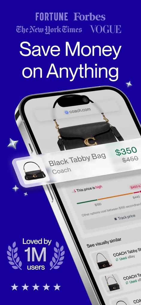 Phia: Shop Smarter, Save Money - Discover how the app provides instant price comparisons for items such as the "Black Tabby Bag" and is trusted by over "1M users" for smart shopping decisions.