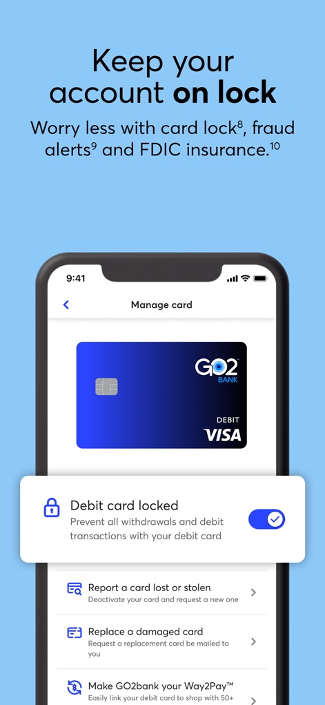 GO2bank: Mobile banking - The app provides robust card management tools, showcasing the 'Debit card locked' toggle and options to report a lost or stolen card.