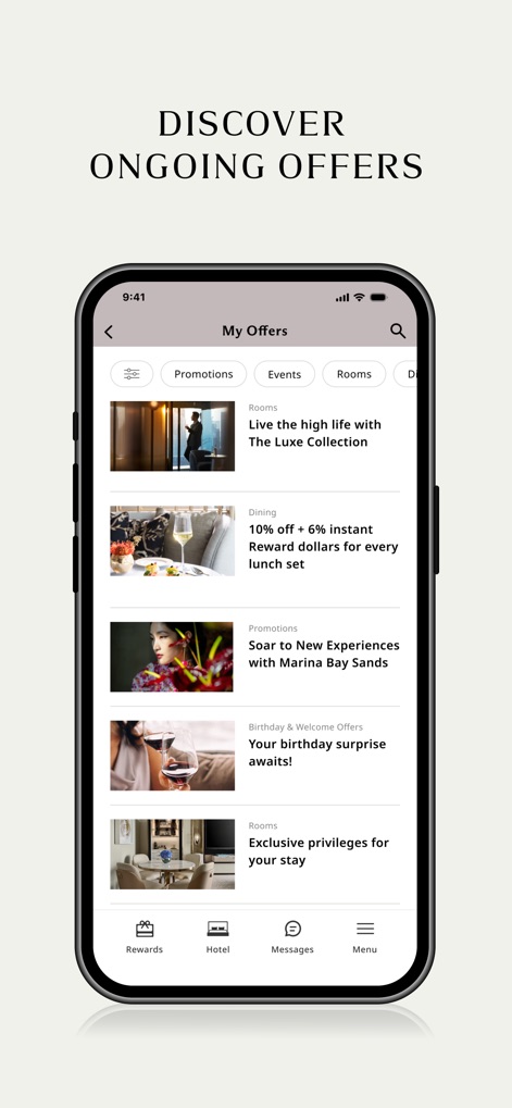 Marina Bay Sands Singapore - 사용자는 '나의 혜택' 섹션에서 진행 중인 프로모션, 이벤트 및 객실 특별 할인을 손쉽게 탐색할 수 있으며, 'The Luxe Collection'과 같은 고급 숙박 제안 및 다양한 다이닝 할인 정보를 확인할 수 있습니다.
