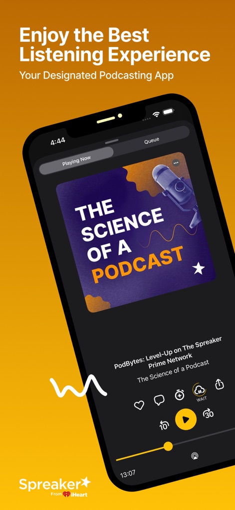 Spreaker Podcasts - O aplicativo oferece uma experiência auditiva aprimorada, com controles de reprodução para ajustar a velocidade e uma interface clara mostrando o progresso do episódio.