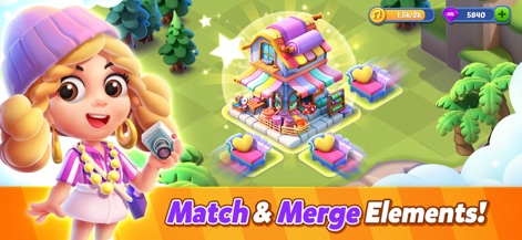 Mergical - Match Island Game - La casa colorida y los elementos de juego fusionables que se muestran resaltan la mecánica central del juego y la estética visual de la aplicación.
