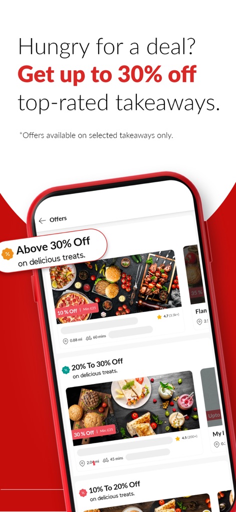 Foodhub - Online Takeaways - Users can discover significant savings, with the app highlighting 'Up to 30% off' on takeaways and a dedicated 'Offers' section displaying diverse percentage discounts.