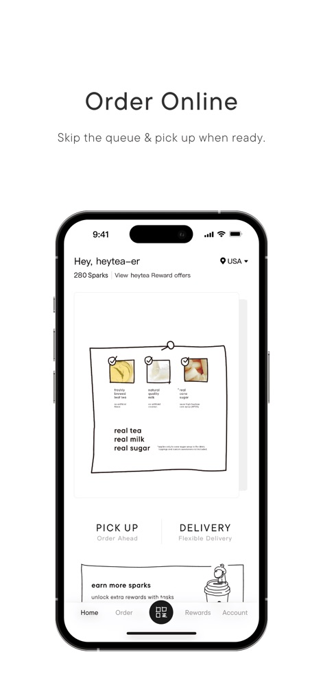 heytea - Nutzer können ihre Bestellung zur Abholung oder Lieferung aufgeben und ihre Bonuspunkte im oberen Bereich einsehen.