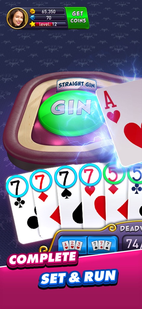 Gin Rummy Plus - Fun Card Game - The app highlights successful plays with a prominent 'Straight Gin' notification and shows organized sets and runs within the player's hand.