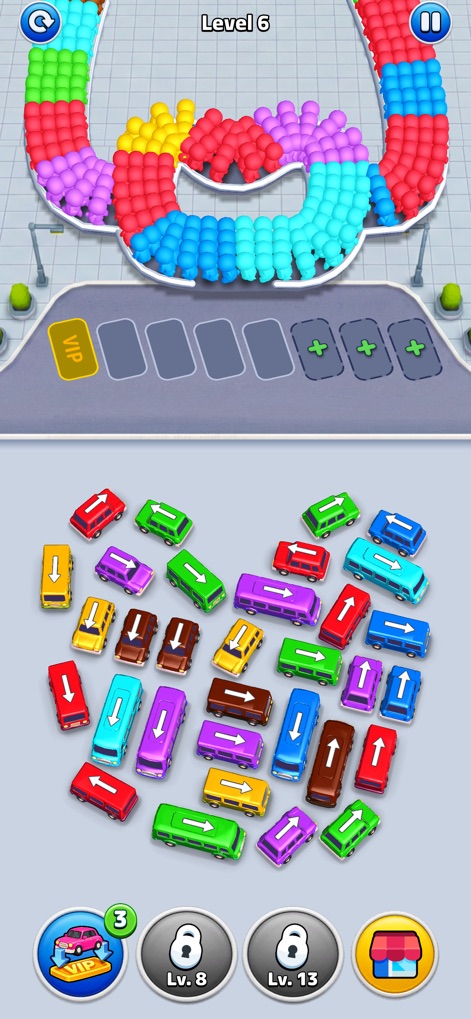 Bus Rush Fever! - Witness the dynamic progression across levels, showcasing diverse bus arrangements and increasingly intricate color-sorting challenges.