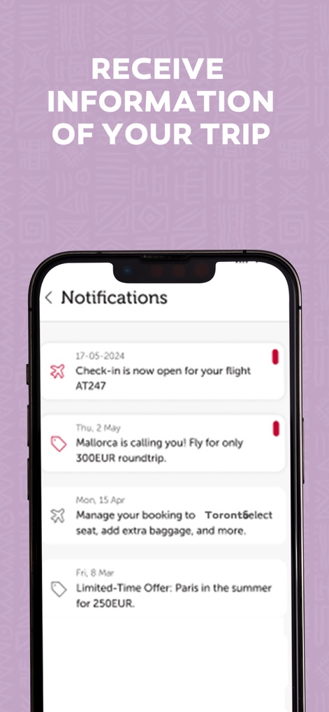 Royal Air Maroc - Los usuarios reciben alertas oportunas, como la notificación de "Check-in is now open" para su vuelo y ofertas exclusivas como "Mallorca is calling you!".