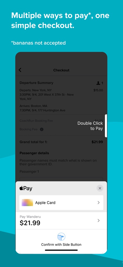 Wanderu: Bus & Train Tickets - 支払いプロセスが示されており、ユーザーは「Apple Pay」を利用して迅速に決済を完了し、「合計金額」を確認できます。
