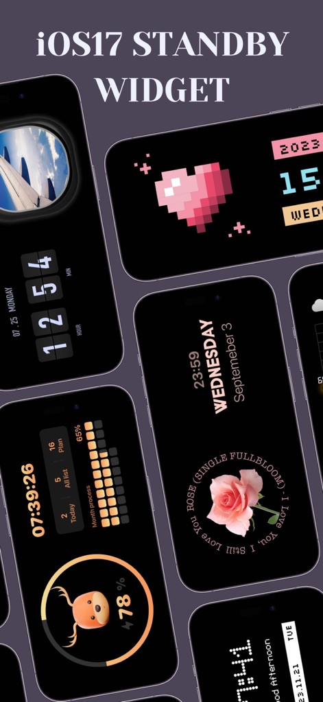 LockWidget - LockScreen Themes - La aplicación presenta una gama de múltiples widgets compactos al estilo StandBy de iOS17, con elementos como un widget de corazón pixelado y un elegante fondo oscuro minimalista.