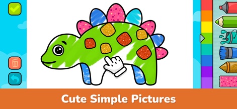Baby Coloring Book: Kids Games - 「Cute Simple Pictures」と表示されたこのスクリーンショットでは、グリッターやストライプの質感が加えられた恐竜の塗り絵が示されています。子供たちは直感的なカラーパレットを使って、シンプルながらも魅力的な絵を簡単に彩ることができます。